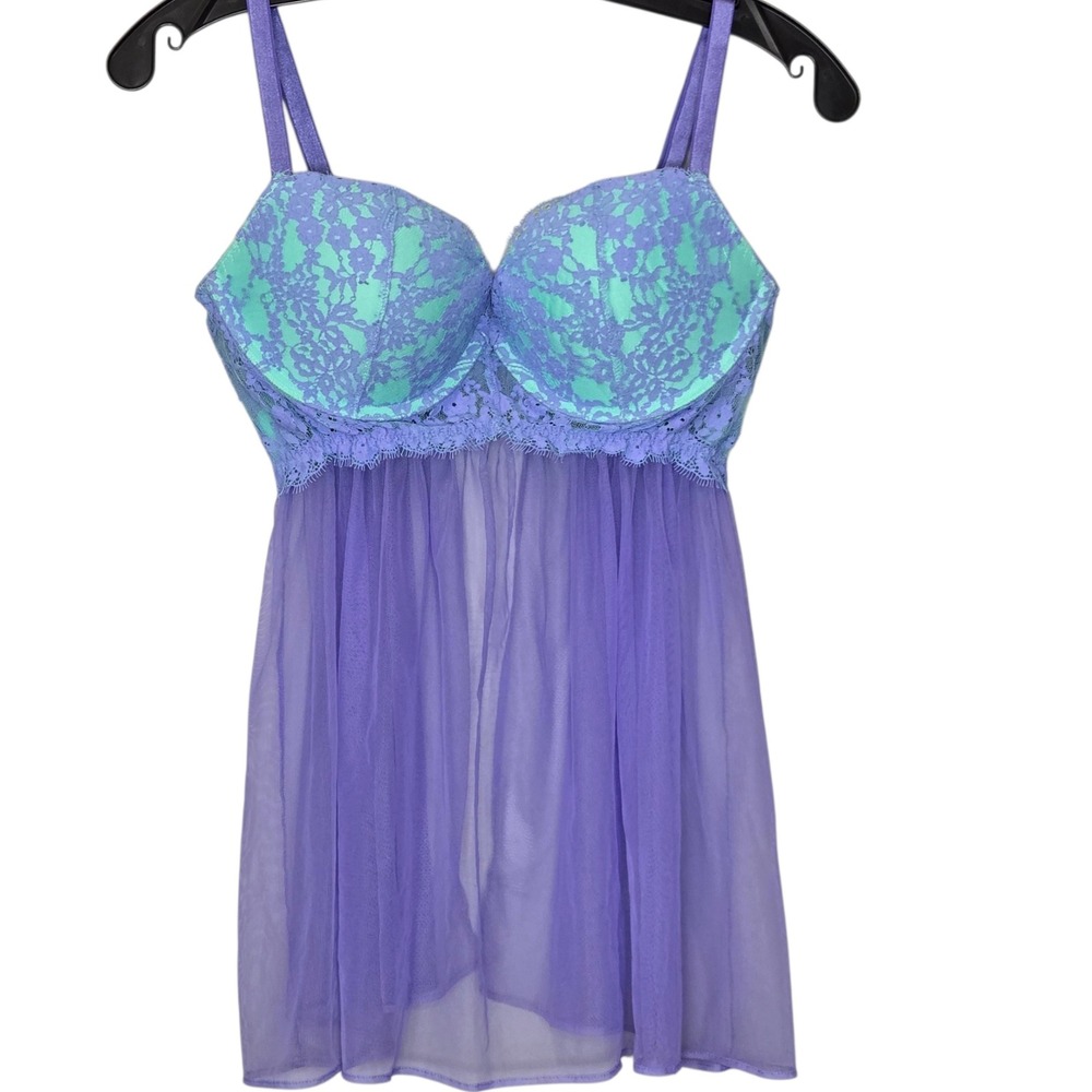 Victoria's Secret 36C Purple Aquamarine Lace Babydoll Chemise Lingerie Underwire